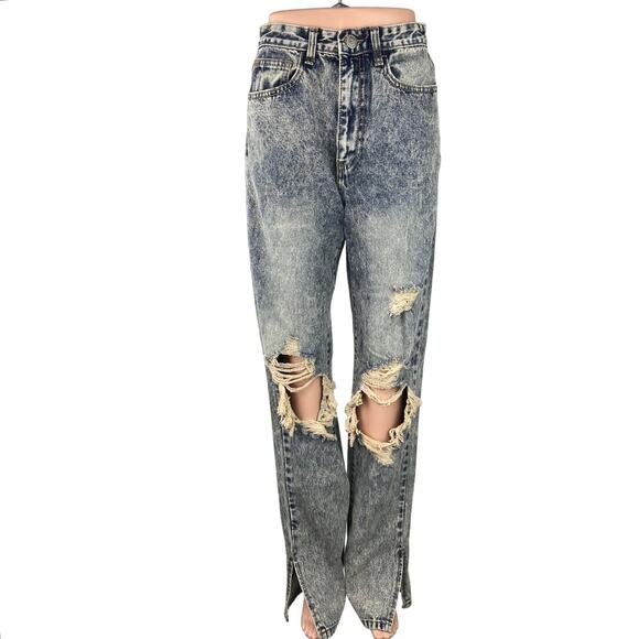 Nasty Gal Denim - Nasty Gal NWT Blue Acid Wash Distressed Rip High Rise Straight Leg Jeans Size 6